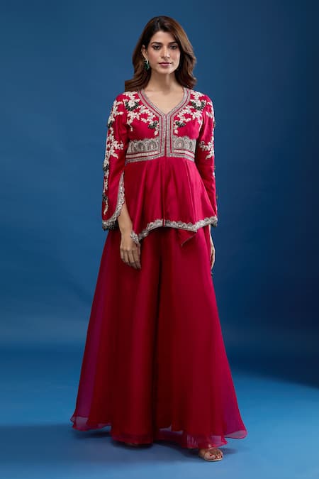 Buy_Prisho_Red Embroidery, Tassels V-neck Peplum Top And Sharara Set _Online_at_Aza_Fashions