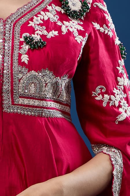 Shop_Prisho_Red Embroidery, Tassels V-neck Peplum Top And Sharara Set _Online_at_Aza_Fashions