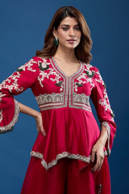 Prisho_Red Embroidery, Tassels V-neck Peplum Top And Sharara Set _at_Aza_Fashions