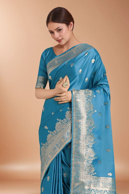Buy_Samyukta Singhania_Blue Satin, Silk Zari, Embroidery, Tassels Banarasi Woven Saree With Blouse _Online_at_Aza_Fashions