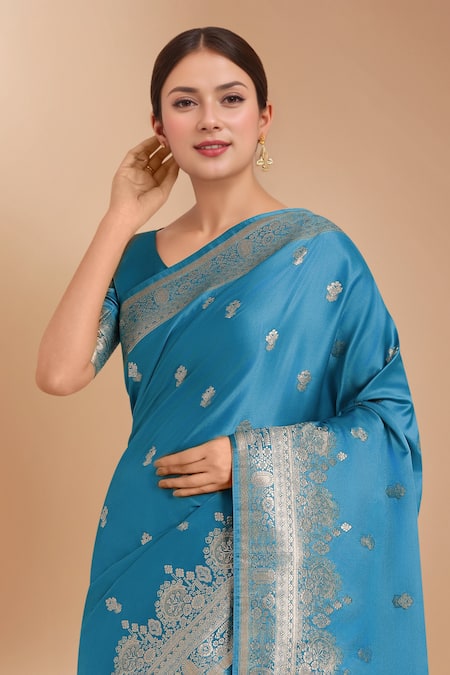 Samyukta Singhania_Blue Satin, Silk Zari, Embroidery, Tassels Banarasi Woven Saree With Blouse _at_Aza_Fashions