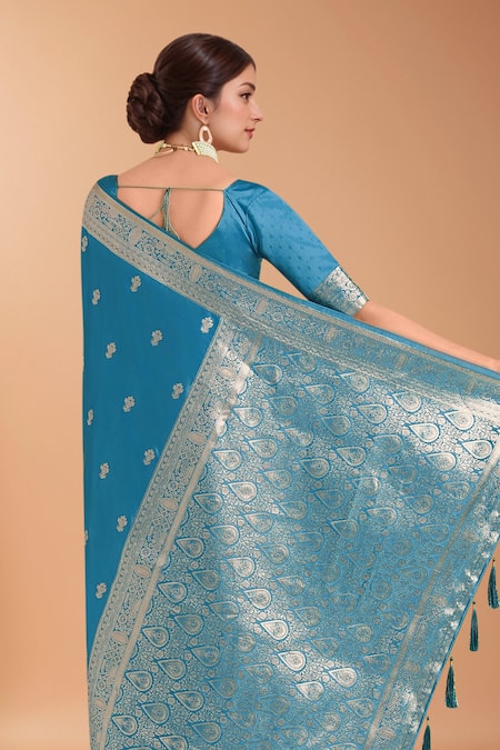 Buy_Samyukta Singhania_Blue Satin, Silk Zari, Embroidery, Tassels Banarasi Woven Saree With Blouse 
