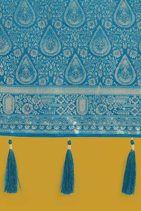 Shop_Samyukta Singhania_Blue Satin, Silk Zari, Embroidery, Tassels Banarasi Woven Saree With Blouse 