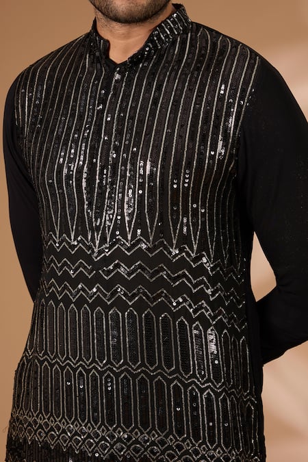Rabani & Rakha_Black Georgette Sequins Straight Embroidered Kurta With Pant _Online_at_Aza_Fashions