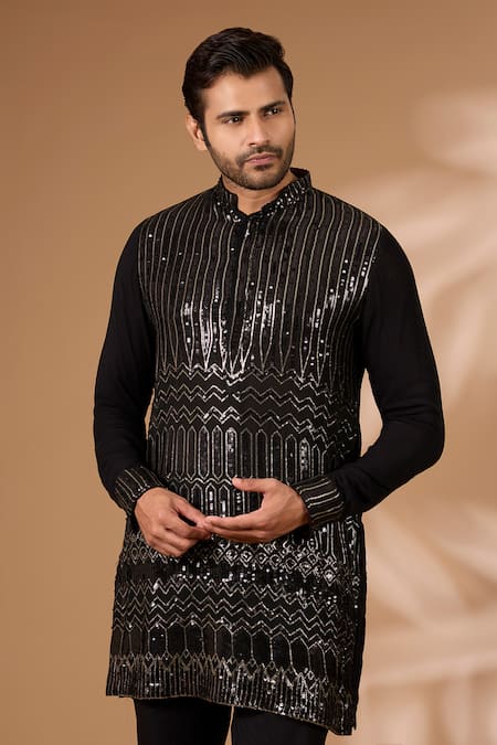 Buy_Rabani & Rakha_Black Georgette Sequins Straight Embroidered Kurta With Pant _Online_at_Aza_Fashions