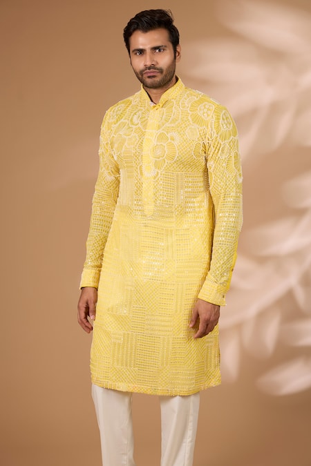 Buy_Rabani & Rakha_Yellow Georgette, Cotton, Silk Sequins, Straight Embroidered Kurta With Pant _Online_at_Aza_Fashions
