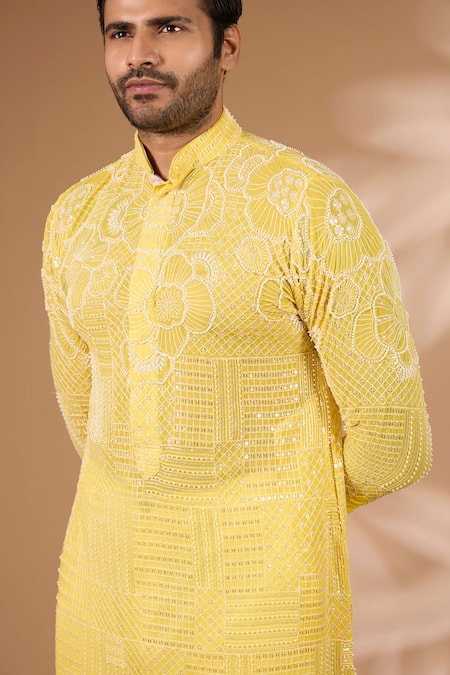 Shop_Rabani & Rakha_Yellow Georgette, Cotton, Silk Sequins, Straight Embroidered Kurta With Pant _Online_at_Aza_Fashions