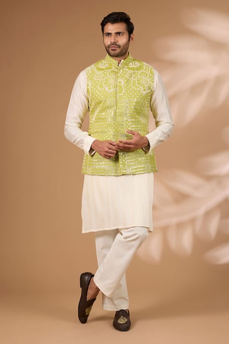 Rabani & Rakha_Lime Georgette Sequins, Beads Embroidered Bundi _Online_at_Aza_Fashions