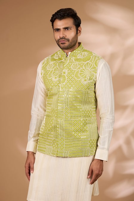 Buy_Rabani & Rakha_Yellow Georgette, Cotton, Silk Sequins, Beads Embroidered Bundi Kurta Set _Online_at_Aza_Fashions