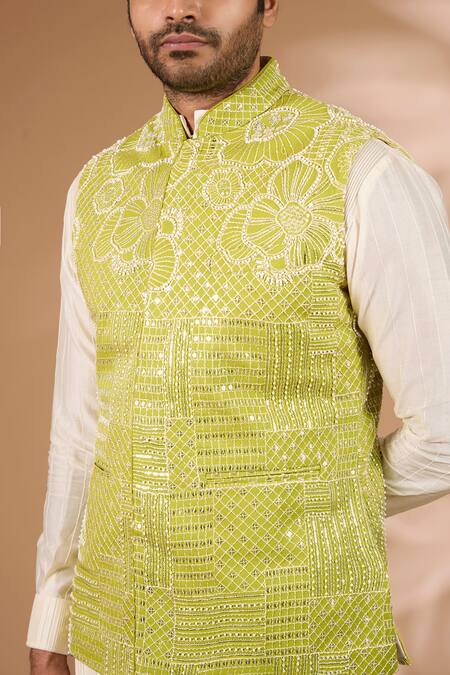 Shop_Rabani & Rakha_Yellow Georgette, Cotton, Silk Sequins, Beads Embroidered Bundi Kurta Set _Online_at_Aza_Fashions