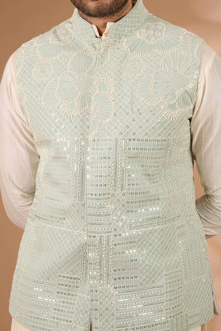 Rabani & Rakha_Green Georgette Sequins, Beads Embroidered Bundi _Online_at_Aza_Fashions