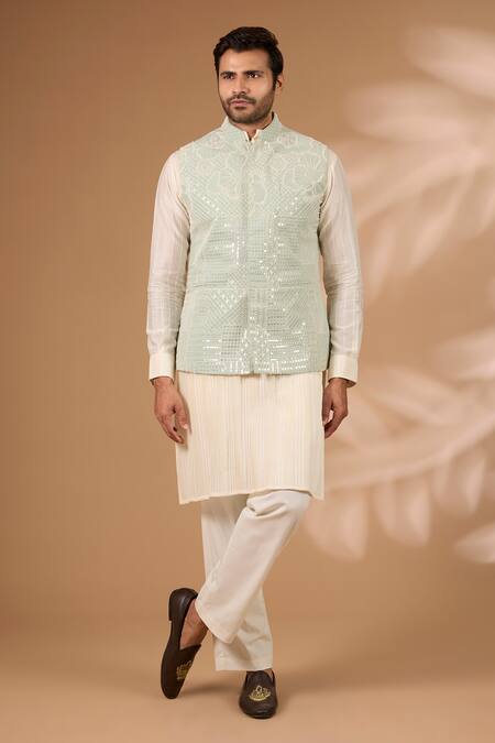 Buy_Rabani & Rakha_Green Georgette Sequins, Beads Embroidered Bundi _Online_at_Aza_Fashions