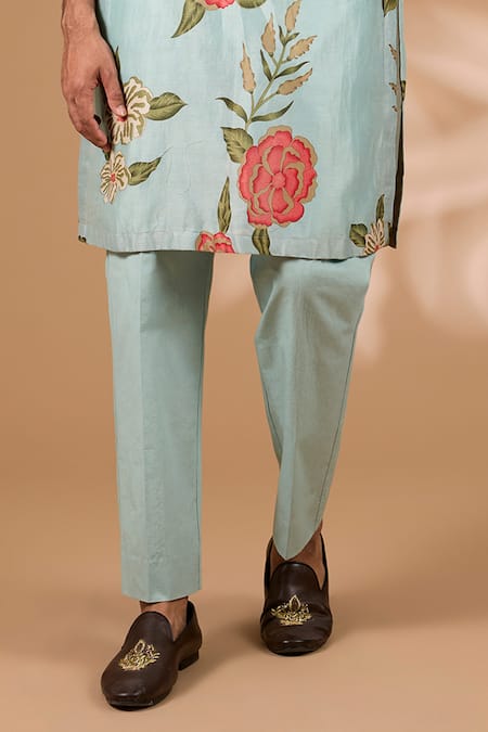 Rabani & Rakha_Aqua Silk, Cotton Sequins Floral Print Bundi Kurta Set _Online_at_Aza_Fashions
