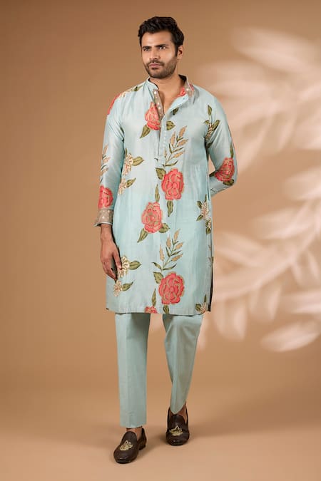 Buy_Rabani & Rakha_Aqua Silk, Cotton Sequins Floral Print Bundi Kurta Set _Online_at_Aza_Fashions