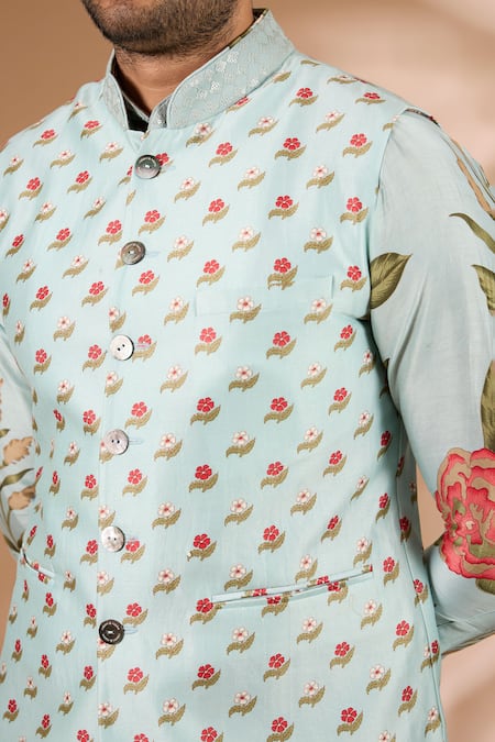 Shop_Rabani & Rakha_Aqua Silk, Cotton Sequins Floral Print Bundi Kurta Set _Online_at_Aza_Fashions