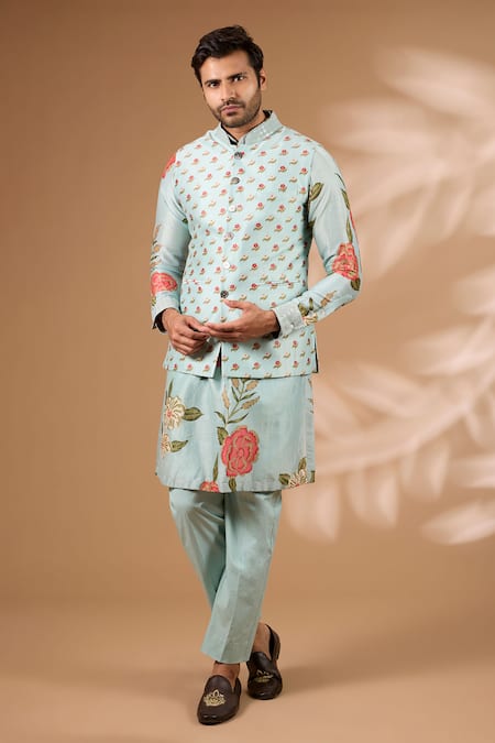 Rabani & Rakha Aqua Silk Sequins Printed Bundi