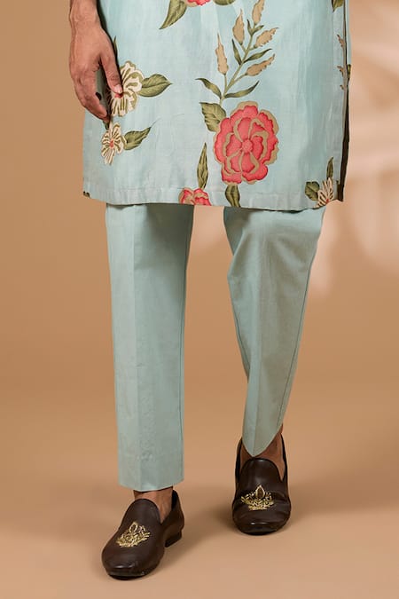 Rabani & Rakha_Aqua Silk, Cotton Sequins Printed Kurta With Pant _Online_at_Aza_Fashions