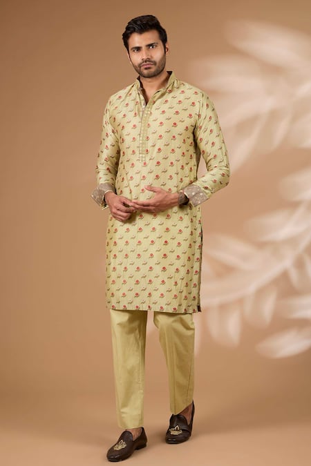 Shop Rabani & Rakha Olive Green Silk, Cotton Sequins Printed Bundi Kurta Set Online at Aza Fashions Shop_Rabani & Rakha_Olive Green Silk, Cotton Sequins Printed Bundi Kurta Set _Online_at_Aza_Fashions