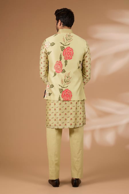 Shop Rabani & Rakha Olive Green Silk, Cotton Sequins Printed Bundi Kurta Set at Aza Fashions Shop_Rabani & Rakha_Olive Green Silk, Cotton Sequins Printed Bundi Kurta Set _at_Aza_Fashions