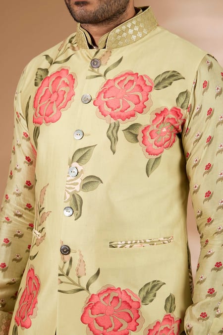 Rabani & Rakha Olive Green Silk, Cotton Sequins Printed Bundi Kurta Set at Aza Fashions Rabani & Rakha_Olive Green Silk, Cotton Sequins Printed Bundi Kurta Set _at_Aza_Fashions