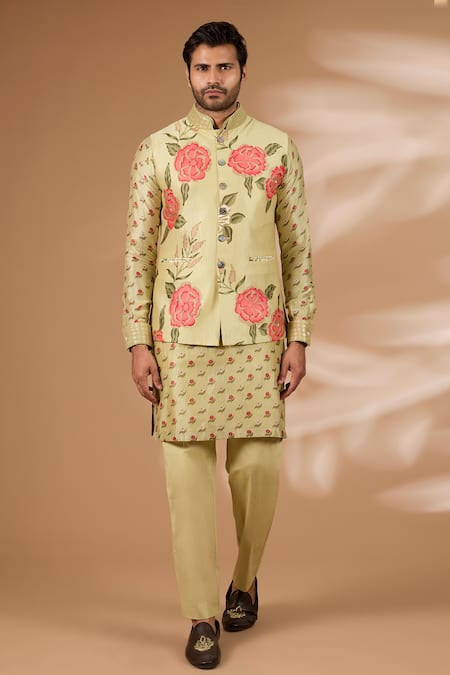Rabani & Rakha Olive Green Silk, Cotton Sequins Printed Bundi Kurta Set