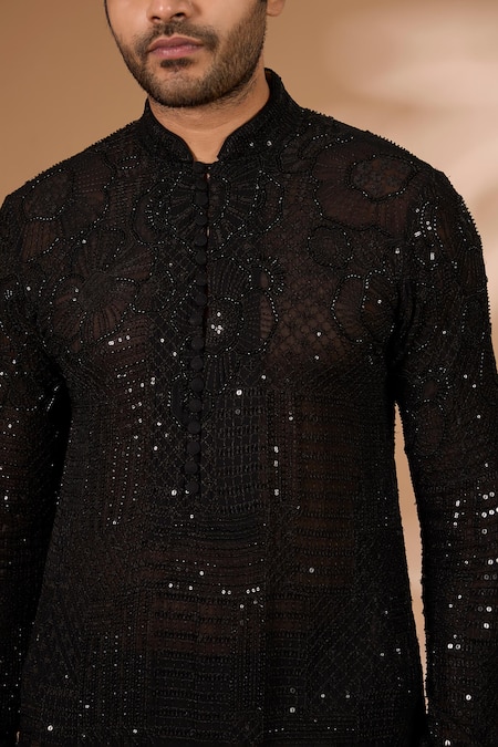 Rabani & Rakha_Black Georgette, Cotton, Silk Sequins, Beads Embroidered Kurta With Pant _Online_at_Aza_Fashions