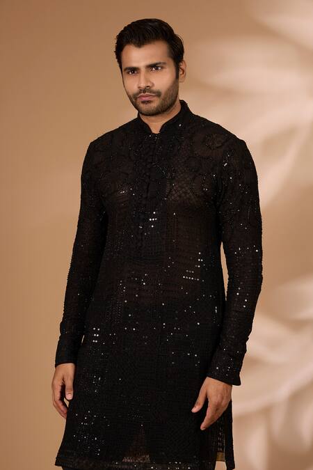 Shop_Rabani & Rakha_Black Georgette, Cotton, Silk Sequins, Beads Embroidered Kurta With Pant _Online_at_Aza_Fashions