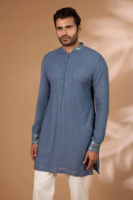 Rabani & Rakha_Teal Georgette, Cotton, Silk Sequins, Embroidery Kurta With Pant _Online_at_Aza_Fashions