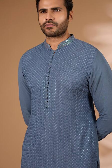 Buy_Rabani & Rakha_Teal Georgette, Cotton, Silk Sequins, Embroidery Kurta With Pant _Online_at_Aza_Fashions