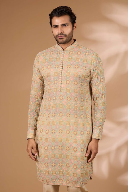 Rabani & Rakha_Aqua Georgette, Cotton, Silk Embroidery, Beads Printed Kurta With Pant _Online_at_Aza_Fashions