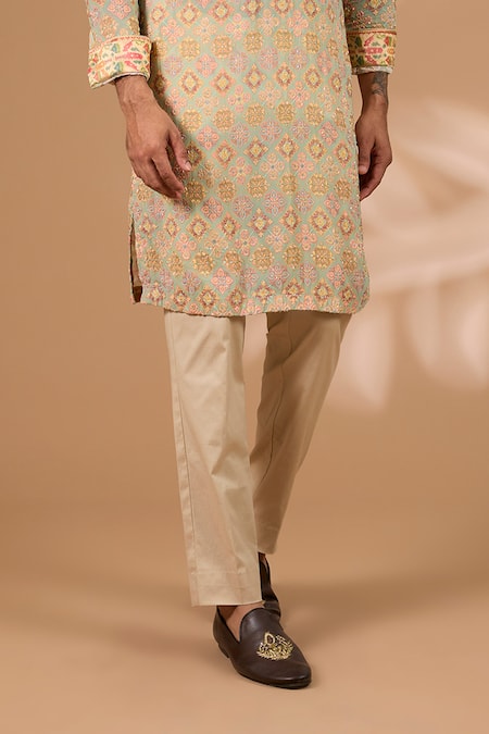 Buy_Rabani & Rakha_Aqua Georgette, Cotton, Silk Embroidery, Beads Printed Kurta With Pant _Online_at_Aza_Fashions