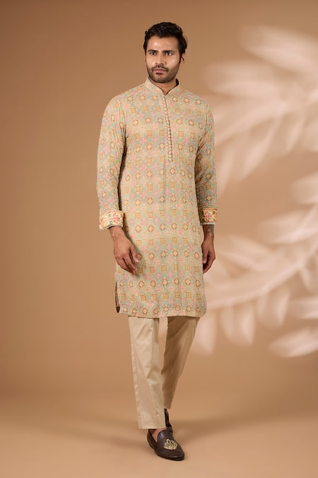 Rabani & Rakha Aqua Georgette, Cotton, Silk Embroidery, Beads Printed Kurta With Pant 