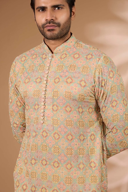 Shop_Rabani & Rakha_Aqua Georgette, Cotton, Silk Embroidery, Beads Printed Kurta With Pant _Online_at_Aza_Fashions