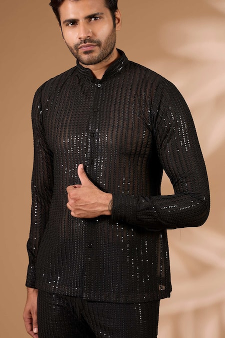 Rabani & Rakha_Black Georgette Sequins, Embroidery Embellished Kurta With Pant _Online_at_Aza_Fashions