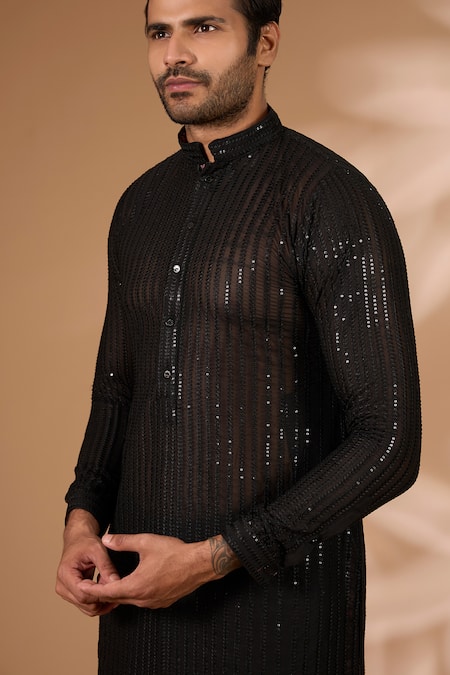 Shop Rabani & Rakha Black Georgette, Cotton, Silk Sequins, Embroidery Embellished Kurta With Pant Online at Aza Fashions Shop_Rabani & Rakha_Black Georgette, Cotton, Silk Sequins, Embroidery Embellished Kurta With Pant _Online_at_Aza_Fashions