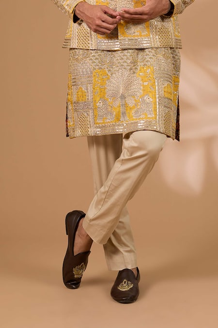 Rabani & Rakha_Yellow Silk, Cotton Zari, Sequins Architecture Print Bundi Kurta Set_Online_at_Aza_Fashions