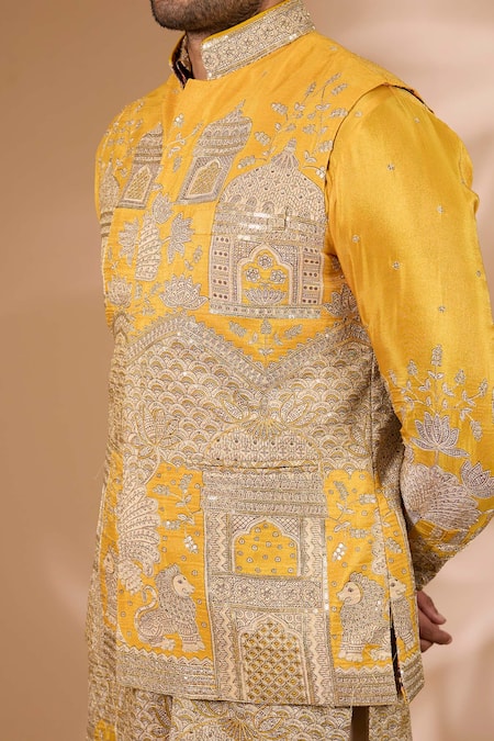 Buy_Rabani & Rakha_Yellow Silk, Cotton Zari, Sequins Architecture Print Bundi Kurta Set_Online_at_Aza_Fashions