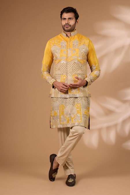 Rabani & Rakha Yellow Silk Zari, Sequins Architecture Print Bundi