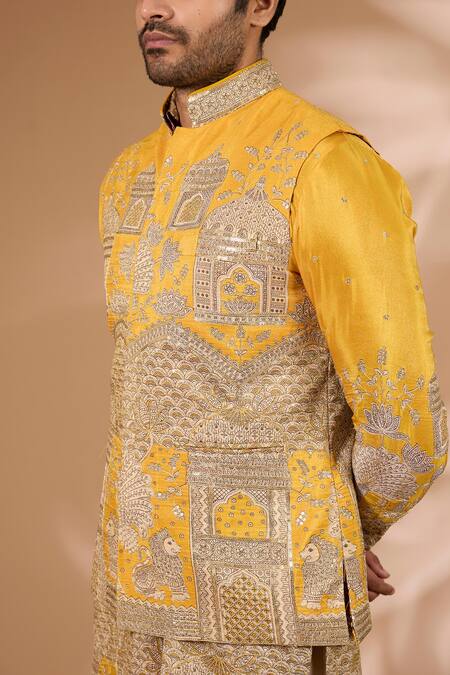 Rabani & Rakha_Yellow Silk Zari, Sequins Architecture Print Bundi_Online_at_Aza_Fashions