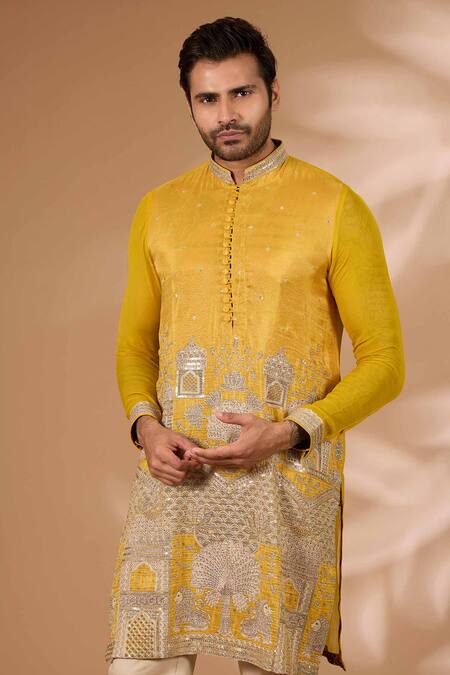 Buy_Rabani & Rakha_Yellow Silk, Cotton Zari, Sequins Architecture Print Kurta With Pant_Online_at_Aza_Fashions