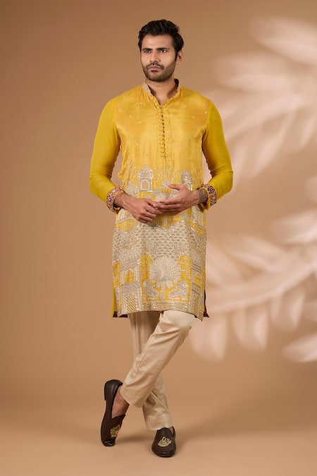 Rabani & Rakha Yellow Silk, Cotton Zari, Sequins Architecture Print Kurta With Pant 