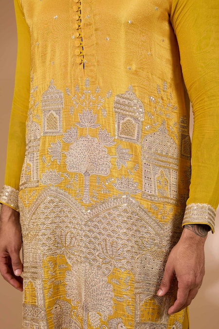 Shop_Rabani & Rakha_Yellow Silk, Cotton Zari, Sequins Architecture Print Kurta With Pant_Online_at_Aza_Fashions