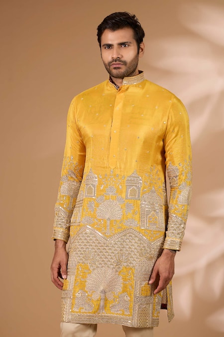 Rabani & Rakha_Yellow Silk, Cotton Satin Zari, Sequins Architecture Embroidered Kurta With Pant_Online_at_Aza_Fashions