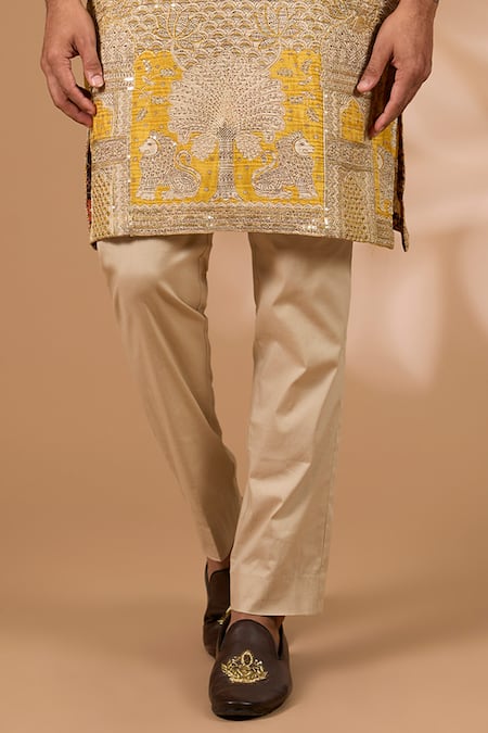 Buy_Rabani & Rakha_Yellow Silk, Cotton Satin Zari, Sequins Architecture Embroidered Kurta With Pant_Online_at_Aza_Fashions