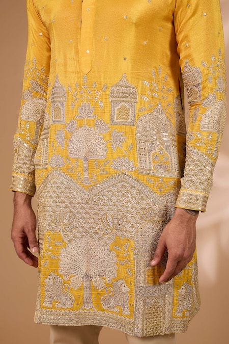 Shop_Rabani & Rakha_Yellow Silk, Cotton Satin Zari, Sequins Architecture Embroidered Kurta With Pant_Online_at_Aza_Fashions