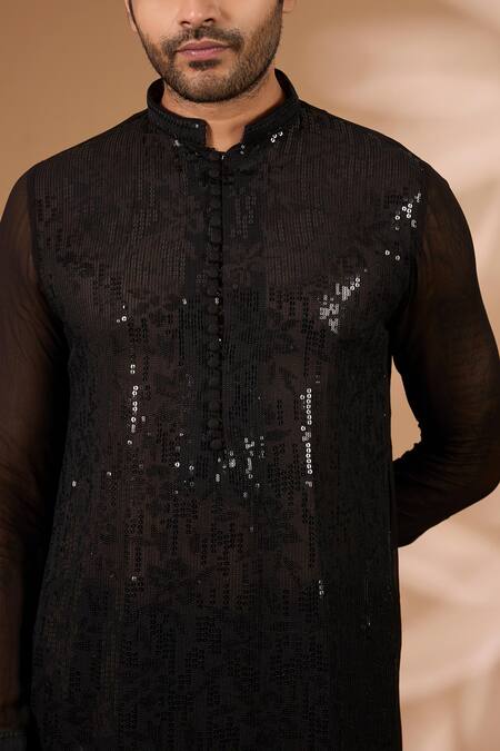 Rabani & Rakha_Black Georgette, Cotton, Silk Sequins, Embroidery Kurta With Pant _Online_at_Aza_Fashions