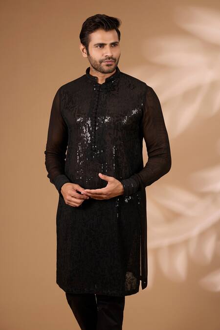 Buy_Rabani & Rakha_Black Georgette, Cotton, Silk Sequins, Embroidery Kurta With Pant _Online_at_Aza_Fashions