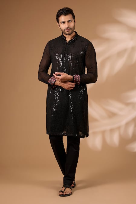 Rabani & Rakha Black Georgette, Cotton, Silk Sequins, Embroidery Kurta With Pant
