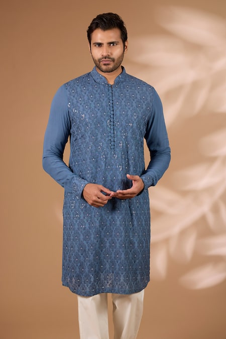Rabani & Rakha Teal Georgette, Cotton, Silk Sequins Embroidered Kurta With Pant Online at Aza Fashions Rabani & Rakha_Teal Georgette, Cotton, Silk Sequins Embroidered Kurta With Pant _Online_at_Aza_Fashions
