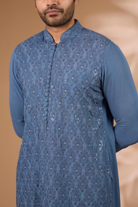 Buy Rabani & Rakha Teal Georgette, Cotton, Silk Sequins Embroidered Kurta With Pant Online at Aza Fashions Buy_Rabani & Rakha_Teal Georgette, Cotton, Silk Sequins Embroidered Kurta With Pant _Online_at_Aza_Fashions